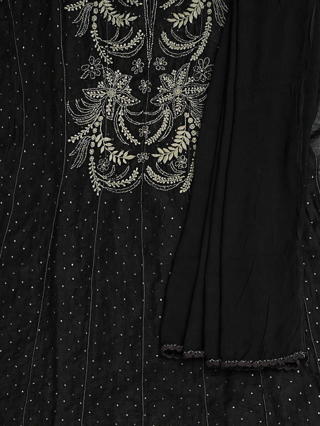 Ada Hand Embroidered Black Chanderi Lucknowi Chikankari Semi-Stitched Anarkali Kurta Dupatta Set With Muqaish Work A512721