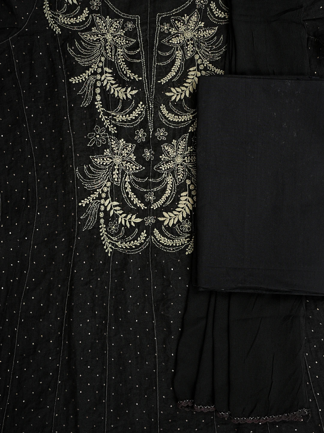 Ada Hand Embroidered Black Chanderi Lucknowi Chikankari Semi-Stitched Anarkali Kurta Dupatta Set With Muqaish Work A512721