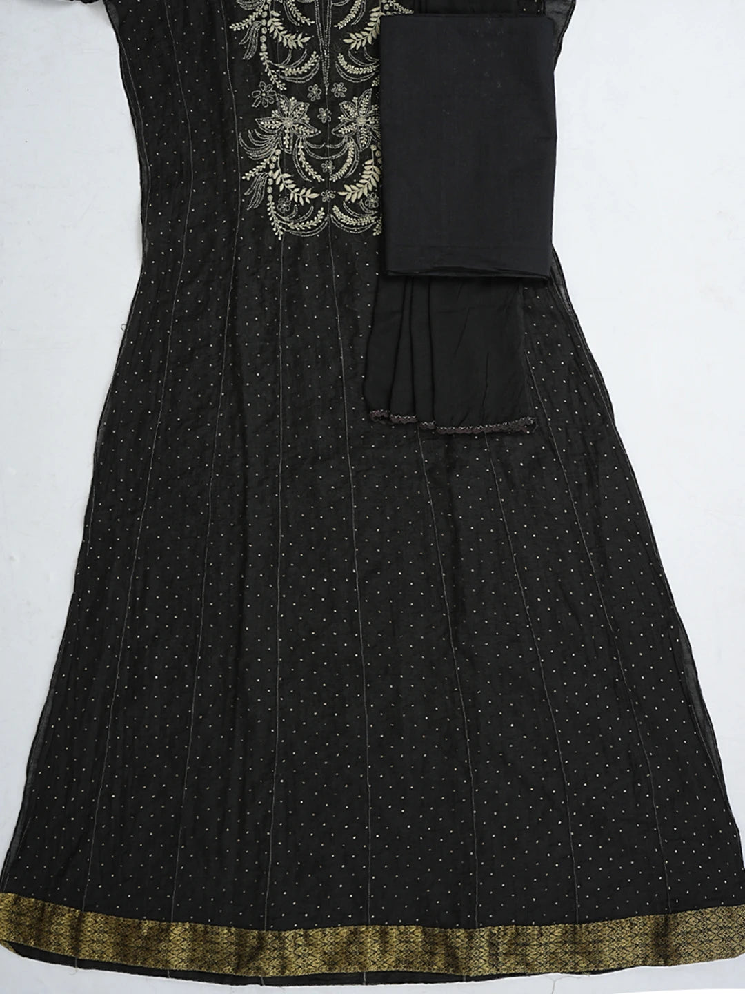 Ada Hand Embroidered Black Chanderi Lucknowi Chikankari Semi-Stitched Anarkali Kurta Dupatta Set With Muqaish Work A512721