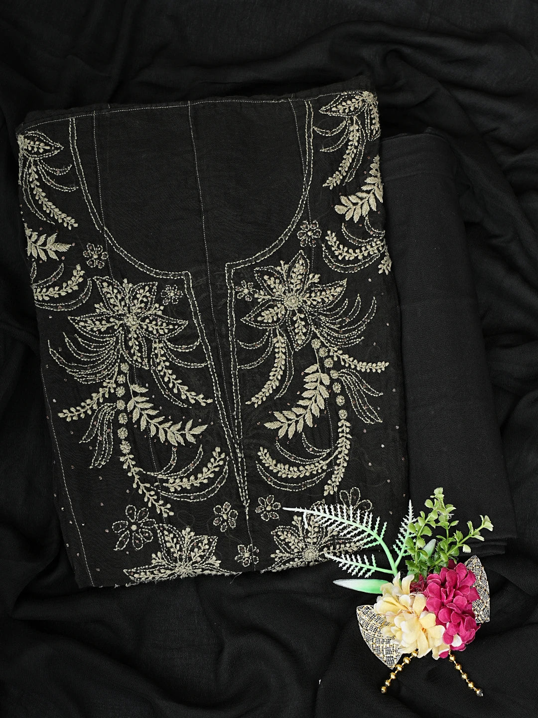 Ada Hand Embroidered Black Chanderi Lucknowi Chikankari Semi-Stitched Anarkali Kurta Dupatta Set With Muqaish Work A512721