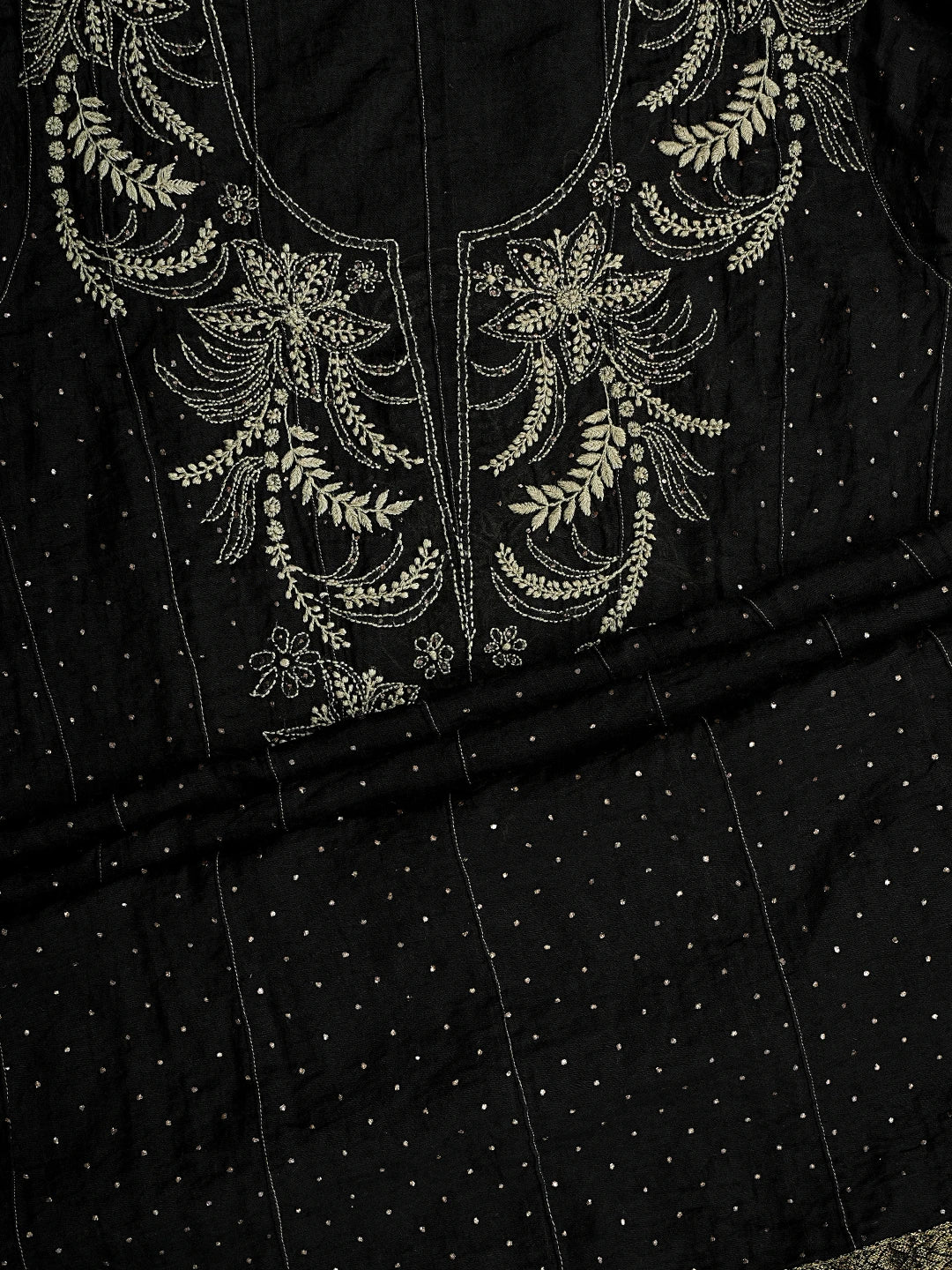 Ada Hand Embroidered Black Chanderi Lucknowi Chikankari Semi-Stitched Anarkali Kurta Dupatta Set With Muqaish Work A512721