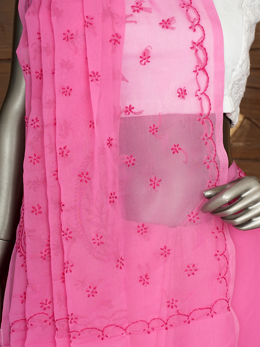 Ada Hand Embroidered Thulian Pink Georgette Lucknowi Chikankari Saree With Blouse 01A853733