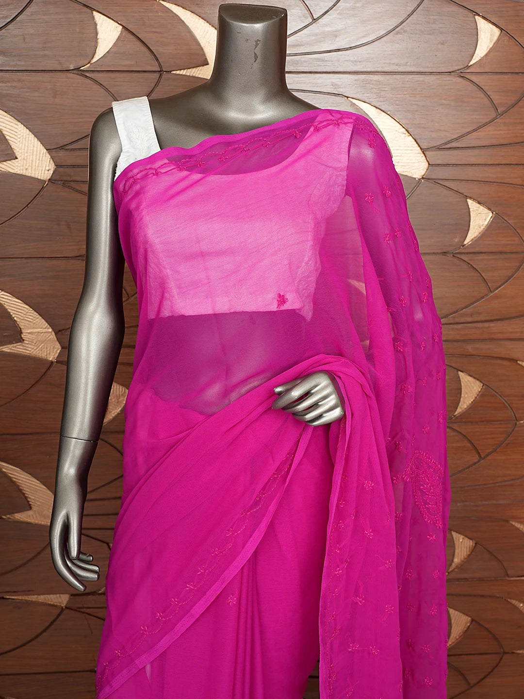 Ada Hand Embroidered Magenta Georgette Lucknowi Chikankari Saree With Blouse 01A853737