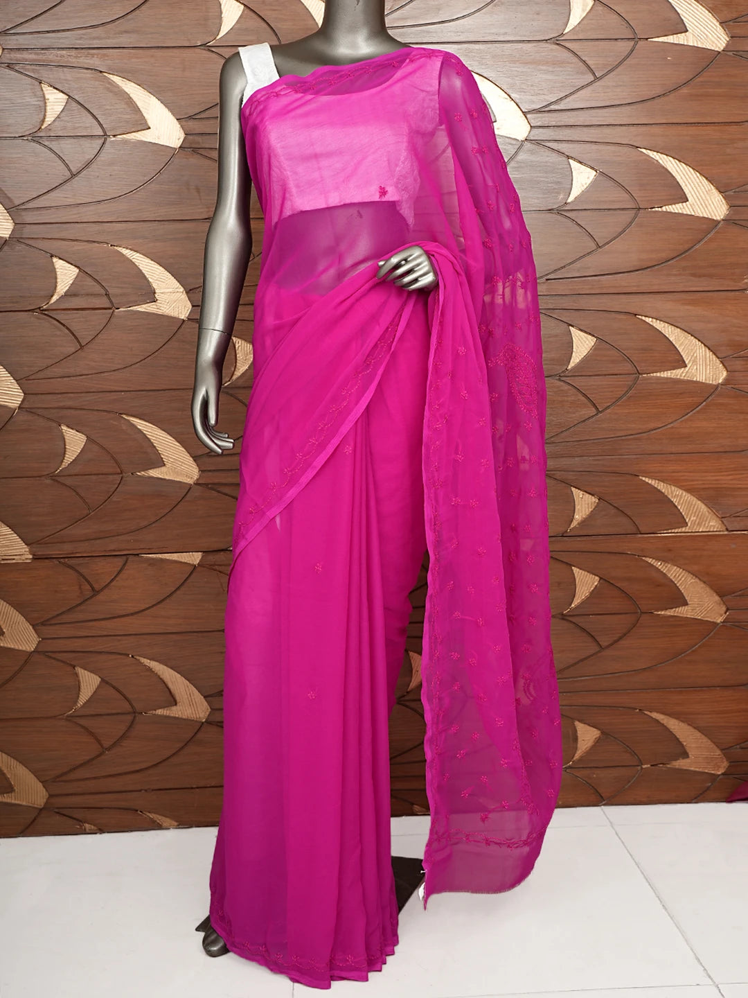 Ada Hand Embroidered Magenta Georgette Lucknowi Chikankari Saree With Blouse 01A853737