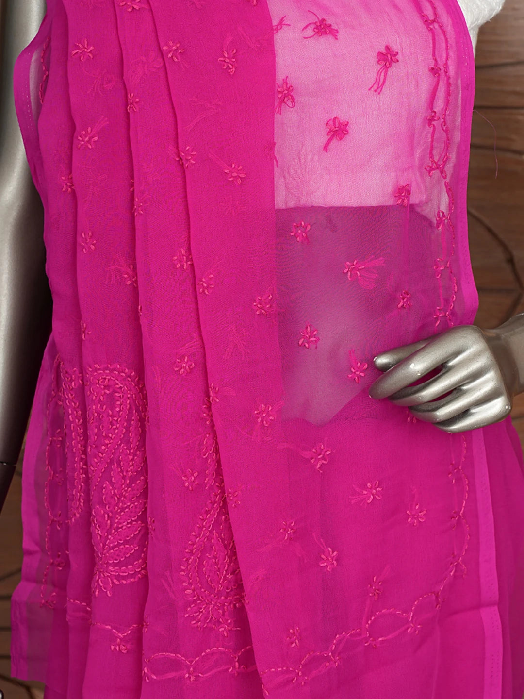 Ada Hand Embroidered Magenta Georgette Lucknowi Chikankari Saree With Blouse 01A853737