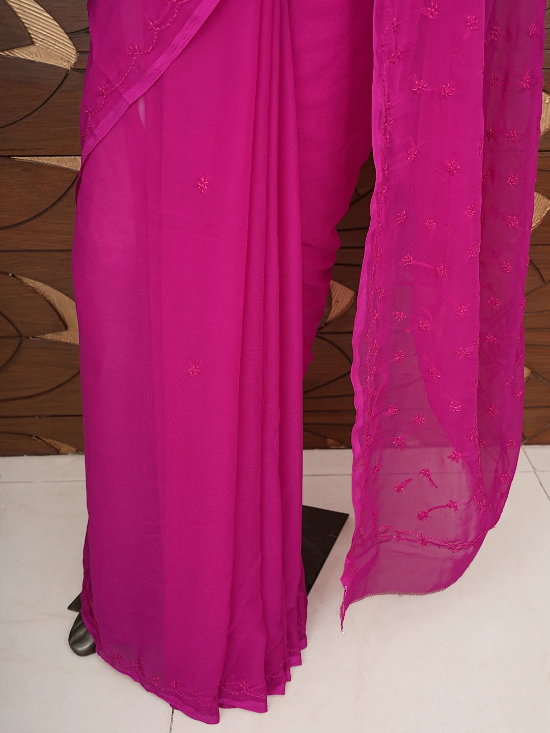 Ada Hand Embroidered Magenta Georgette Lucknowi Chikankari Saree With Blouse 01A853737