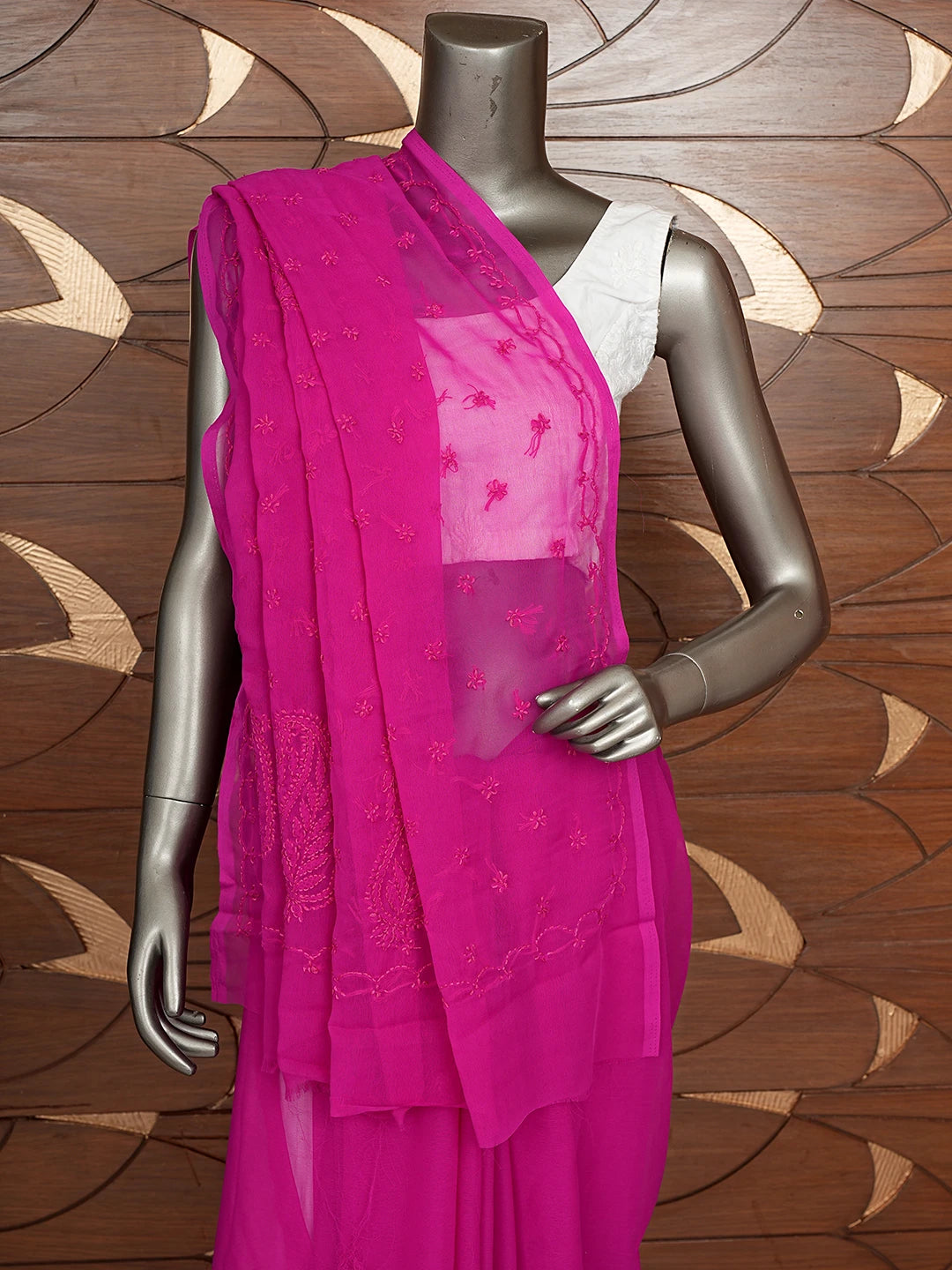 Ada Hand Embroidered Magenta Georgette Lucknowi Chikankari Saree With Blouse 01A853737