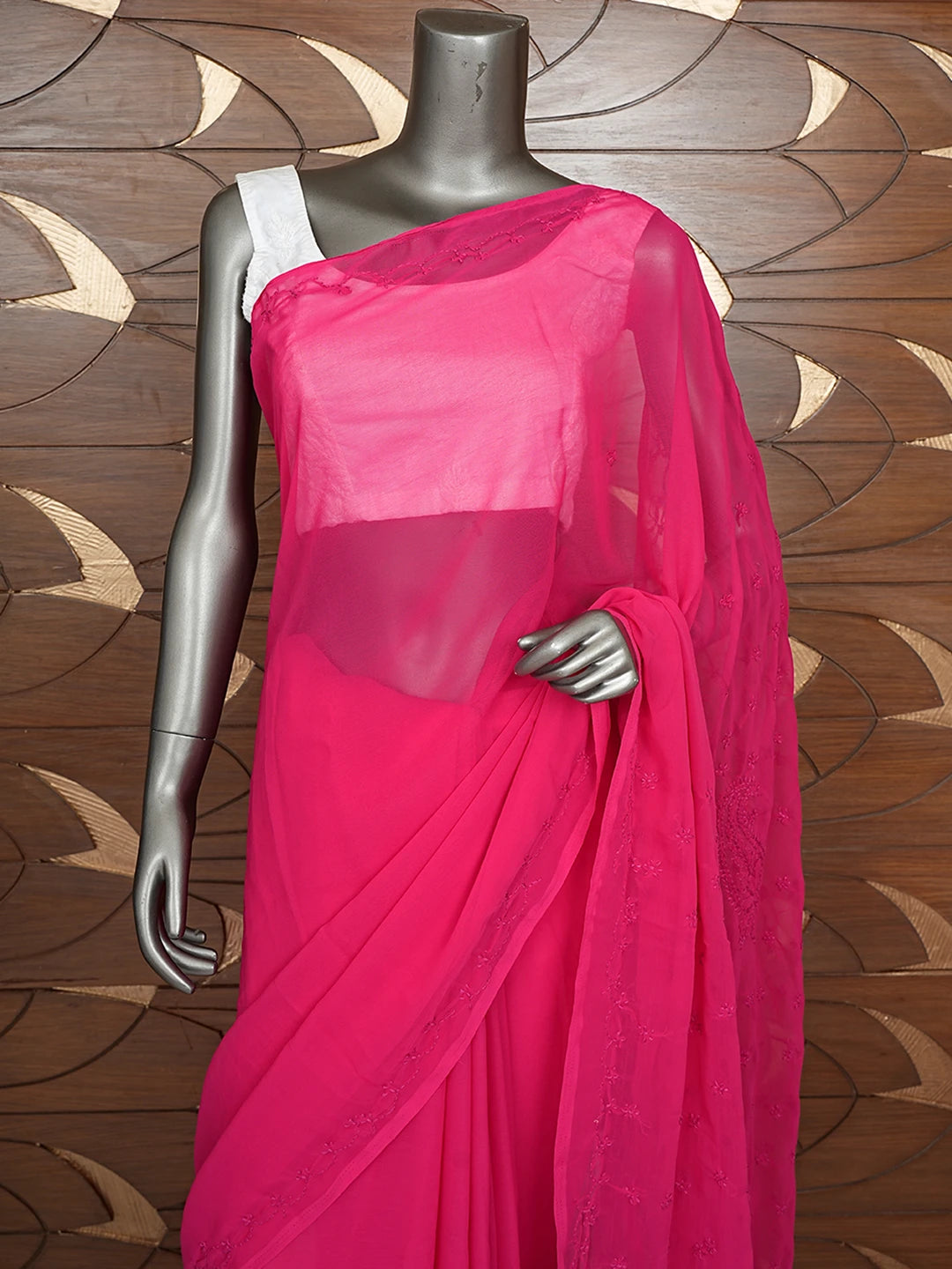 Ada Hand Embroidered Red Georgette Lucknowi Chikankari Saree With Blouse 01A853722