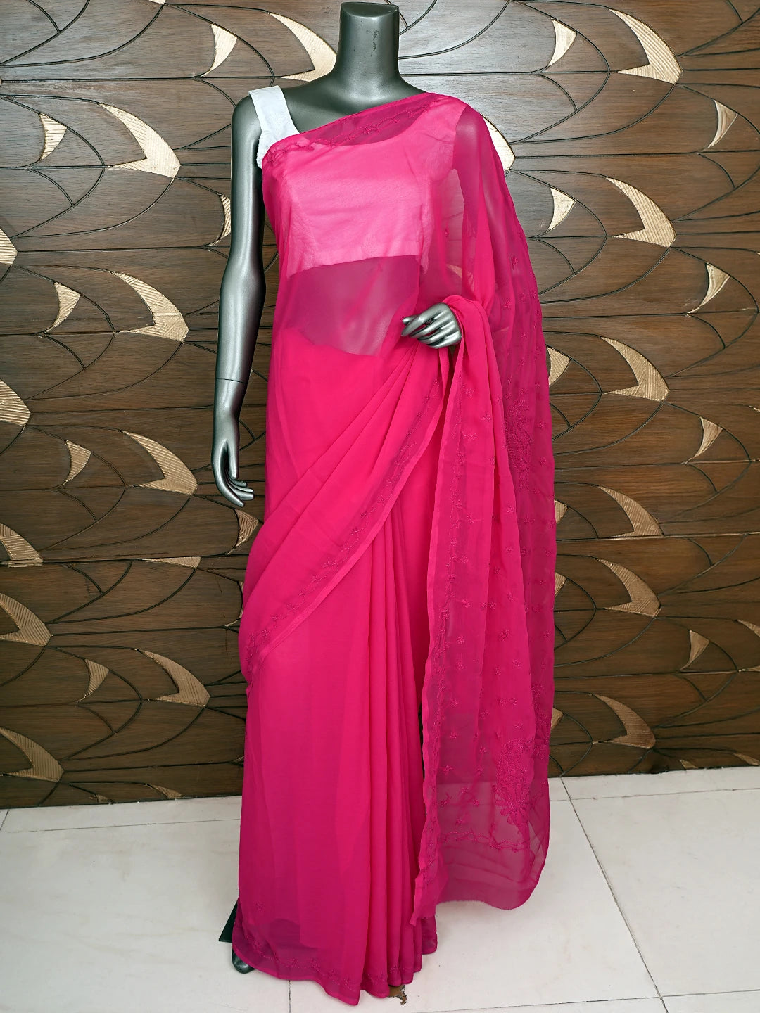 Ada Hand Embroidered Red Georgette Lucknowi Chikankari Saree With Blouse 01A853722