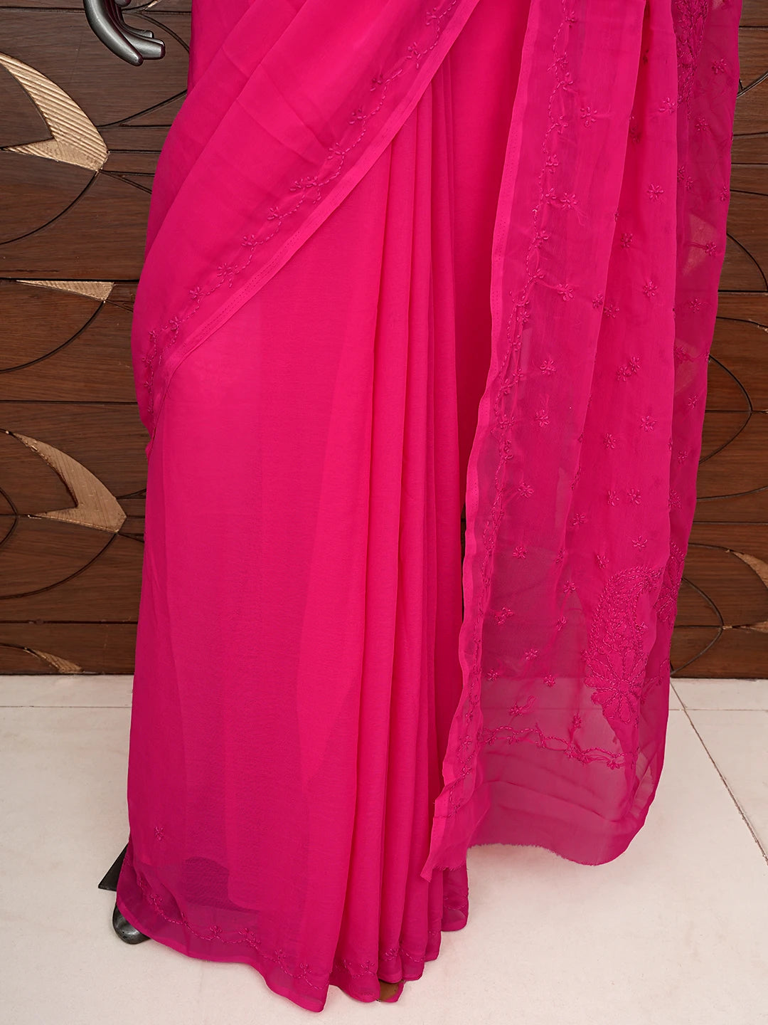 Ada Hand Embroidered Red Georgette Lucknowi Chikankari Saree With Blouse 01A853722