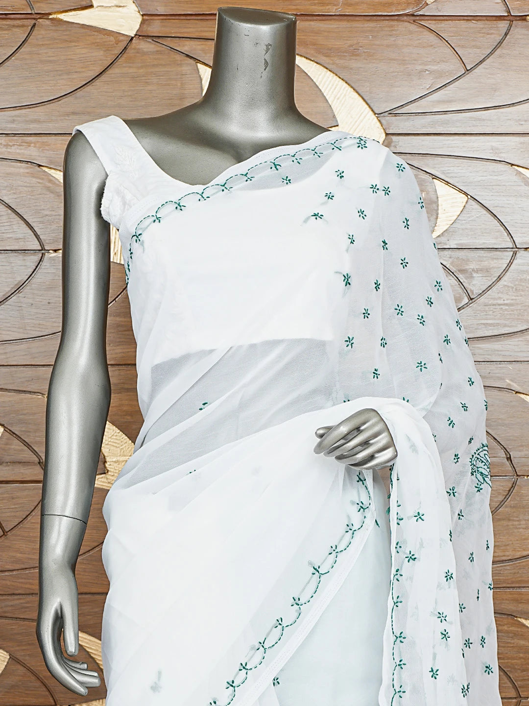Ada Hand Embroidered Milk White Georgette Lucknowi Chikankari Saree With Blouse 01A853750