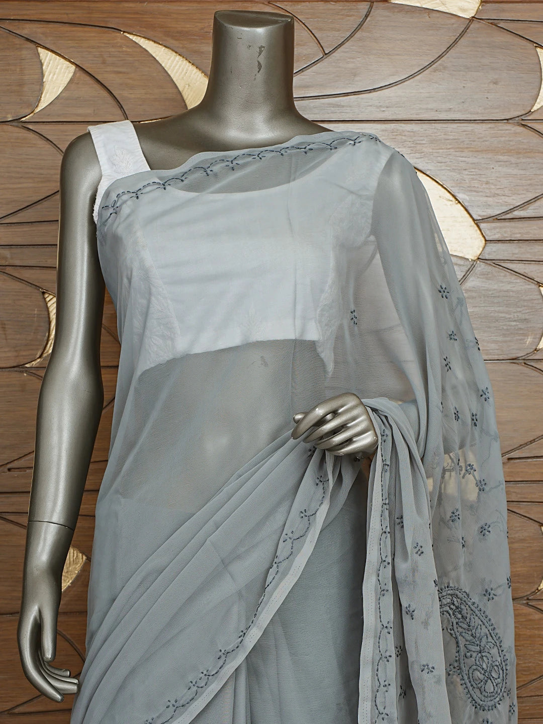 Ada Hand Embroidered Grey Georgette Lucknowi Chikankari Saree With Blouse 01A853721