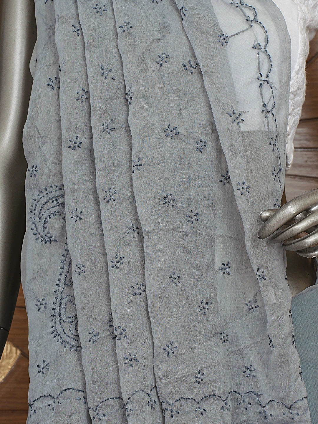 Ada Hand Embroidered Grey Georgette Lucknowi Chikankari Saree With Blouse 01A853721