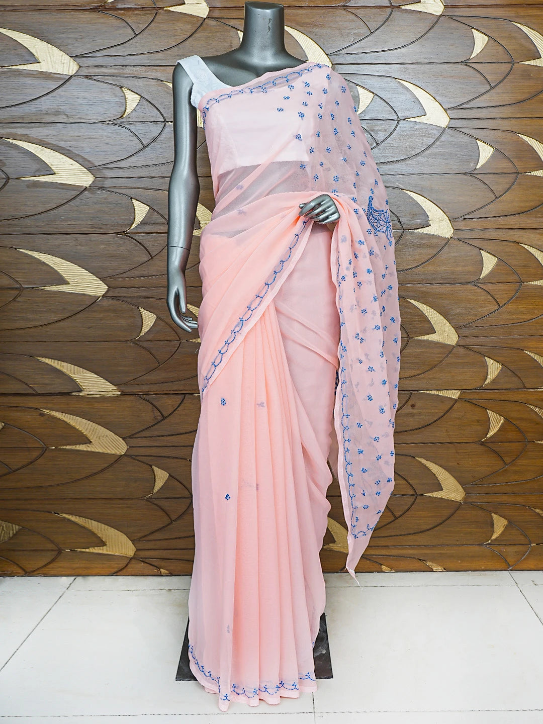 Ada Hand Embroidered Peach Georgette Lucknowi Chikankari Saree With Blouse 01A853718