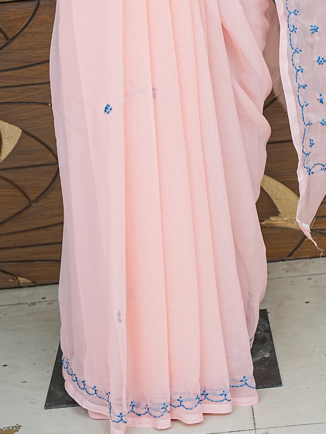 Ada Hand Embroidered Peach Georgette Lucknowi Chikankari Saree With Blouse 01A853718