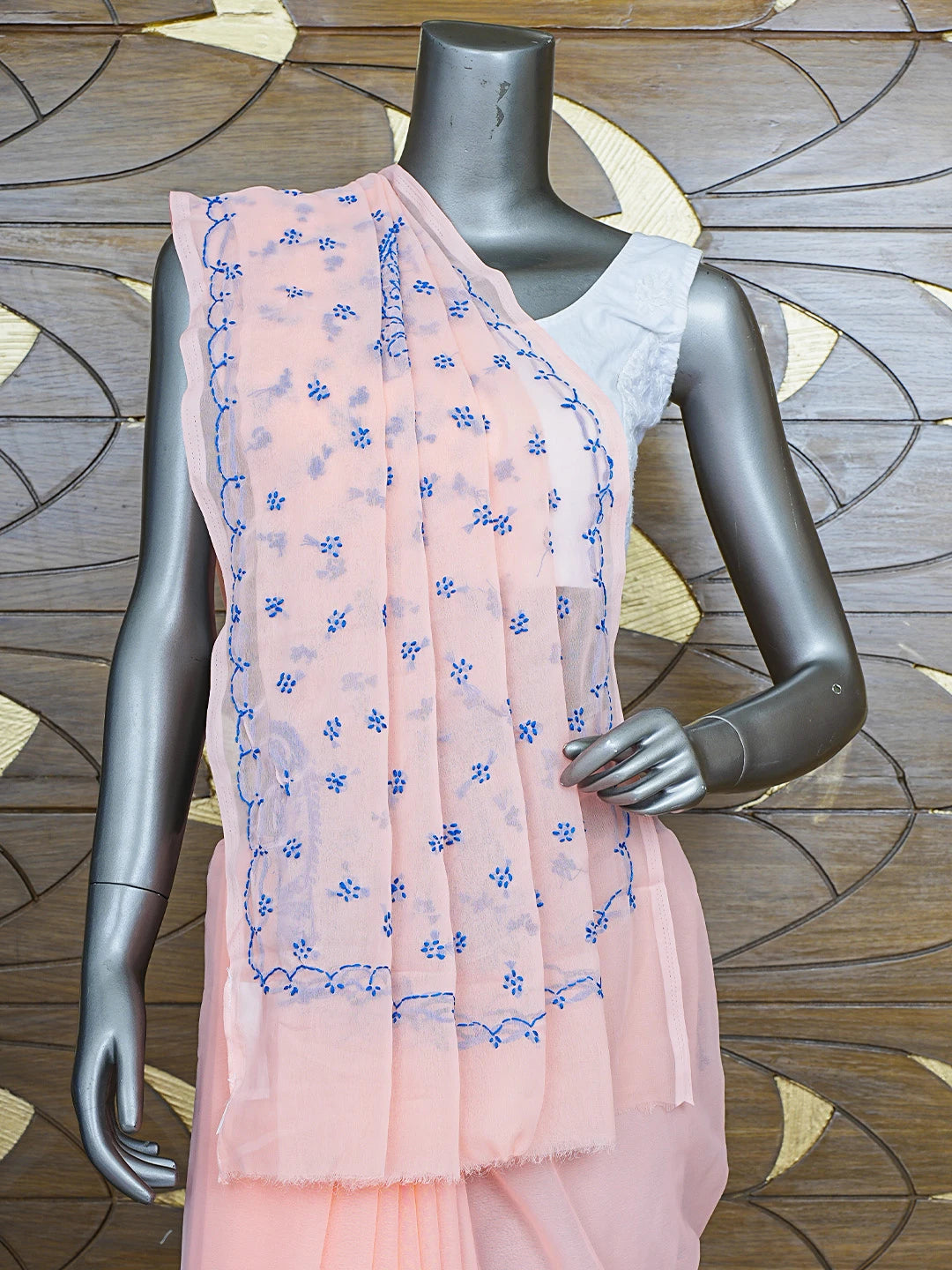 Ada Hand Embroidered Peach Georgette Lucknowi Chikankari Saree With Blouse 01A853718