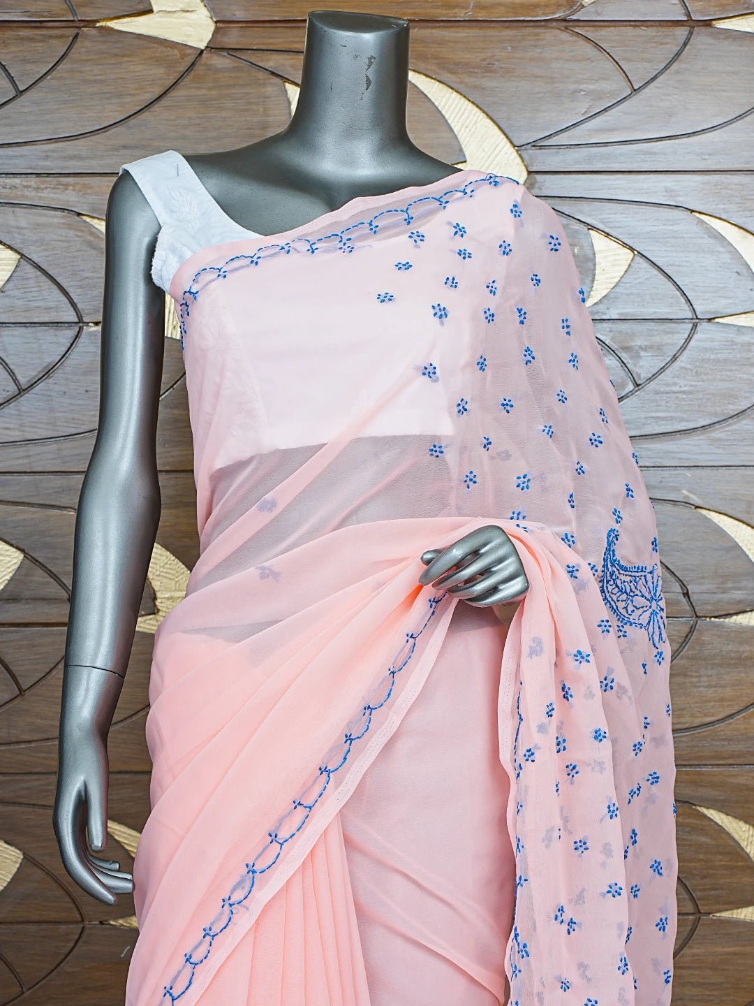 Ada Hand Embroidered Peach Georgette Lucknowi Chikankari Saree With Blouse 01A853718