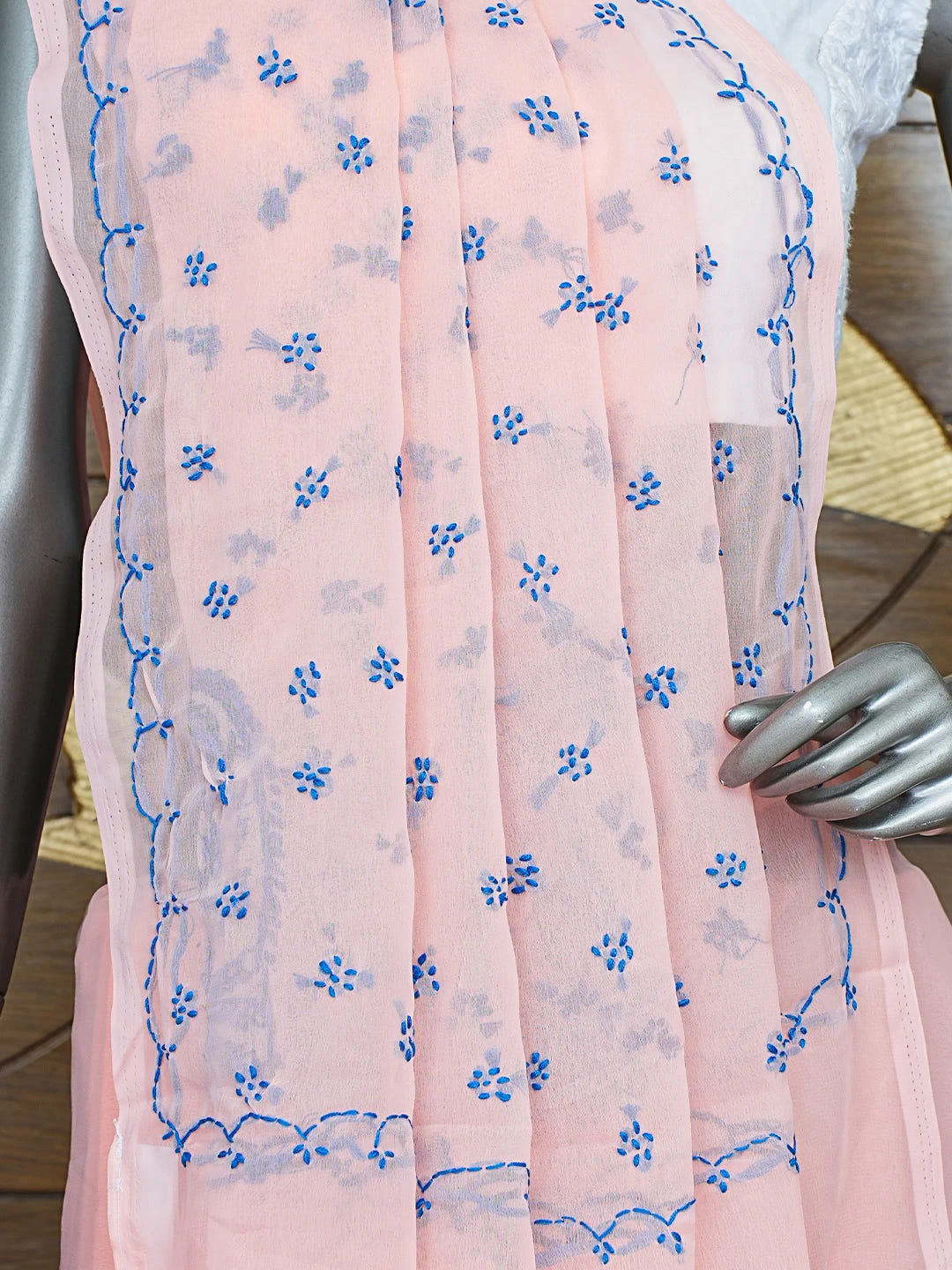 Ada Hand Embroidered Peach Georgette Lucknowi Chikankari Saree With Blouse 01A853718