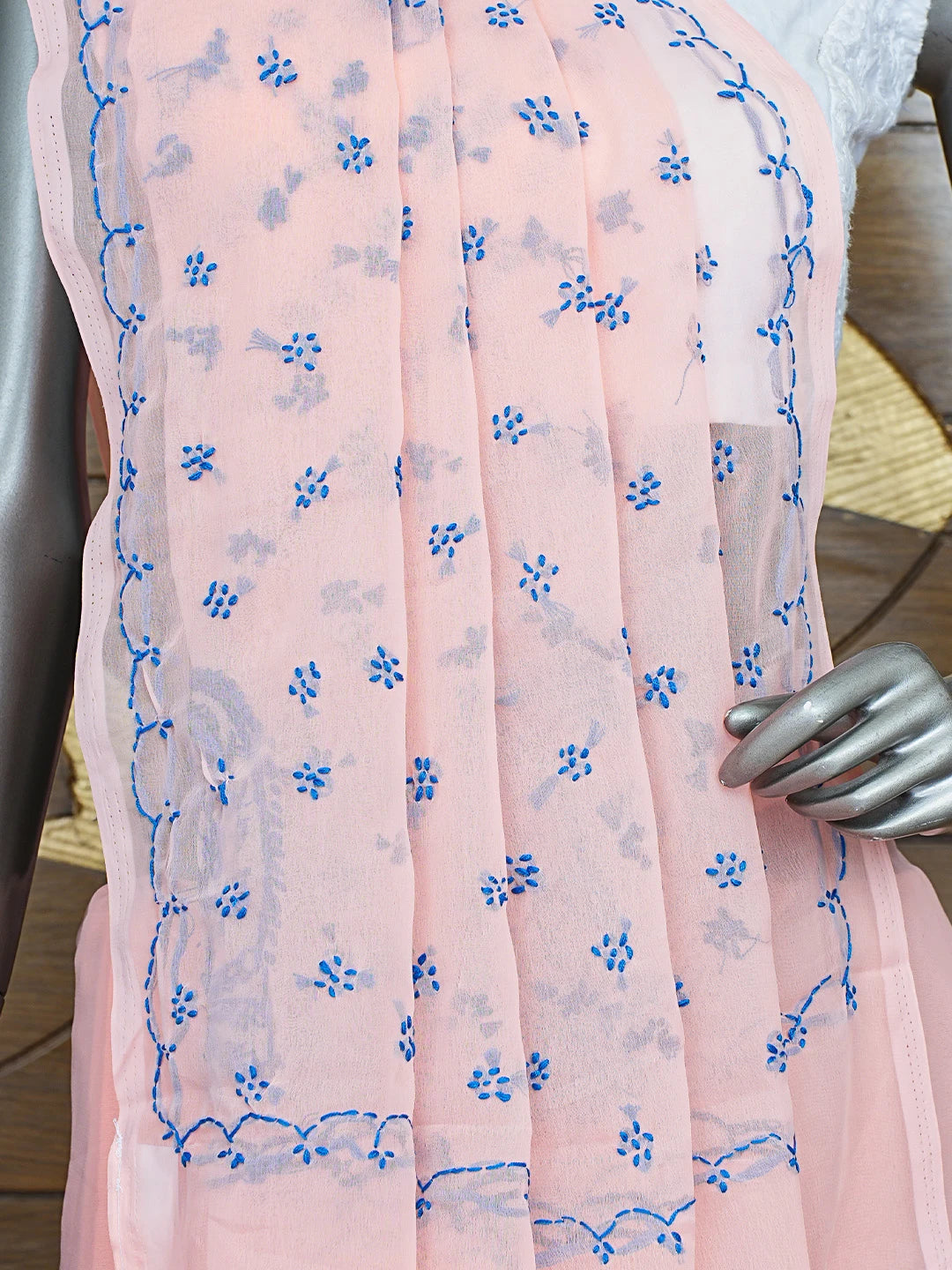 Ada Hand Embroidered Peach Georgette Lucknowi Chikankari Saree With Blouse 01A853718