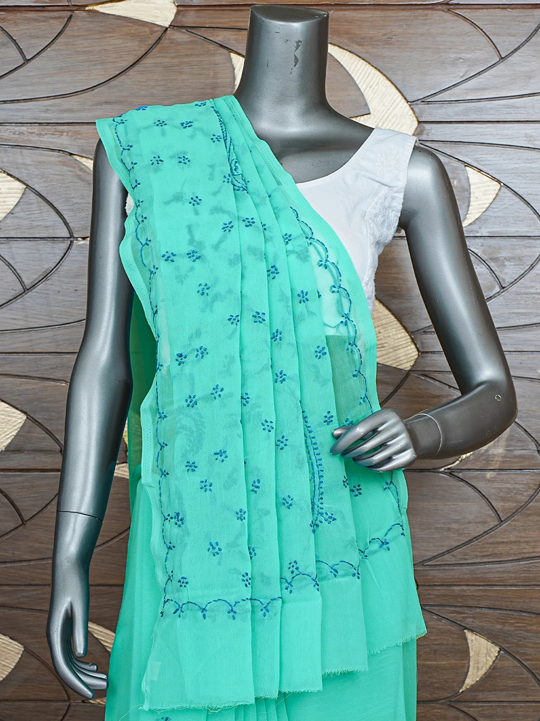 Ada Hand Embroidered Jungle Green Georgette Lucknowi Chikankari Saree With Blouse 01A853753