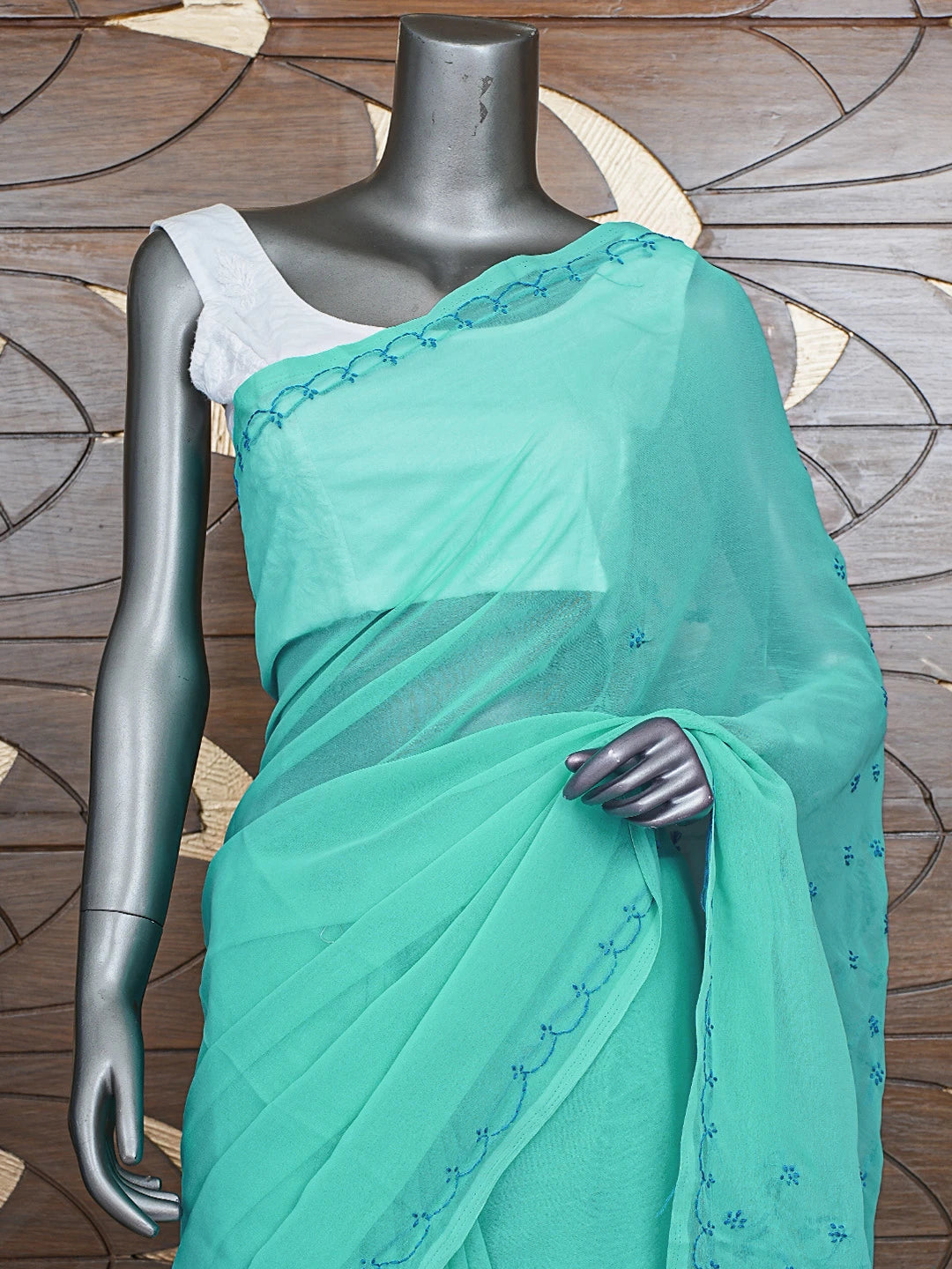 Ada Hand Embroidered Jungle Green Georgette Lucknowi Chikankari Saree With Blouse 01A853753