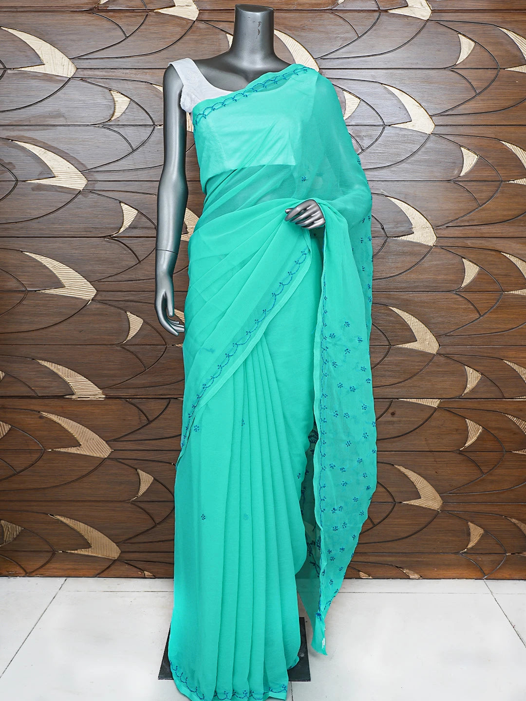 Ada Hand Embroidered Jungle Green Georgette Lucknowi Chikankari Saree With Blouse 01A853753