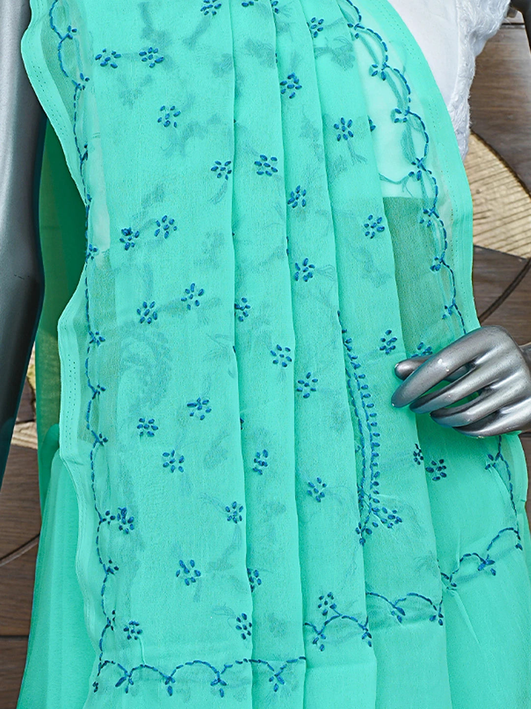 Ada Hand Embroidered Jungle Green Georgette Lucknowi Chikankari Saree With Blouse 01A853753