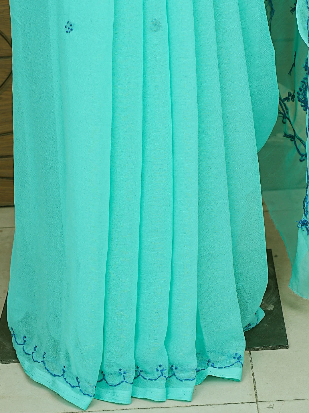 Ada Hand Embroidered Jungle Green Georgette Lucknowi Chikankari Saree With Blouse 01A853753