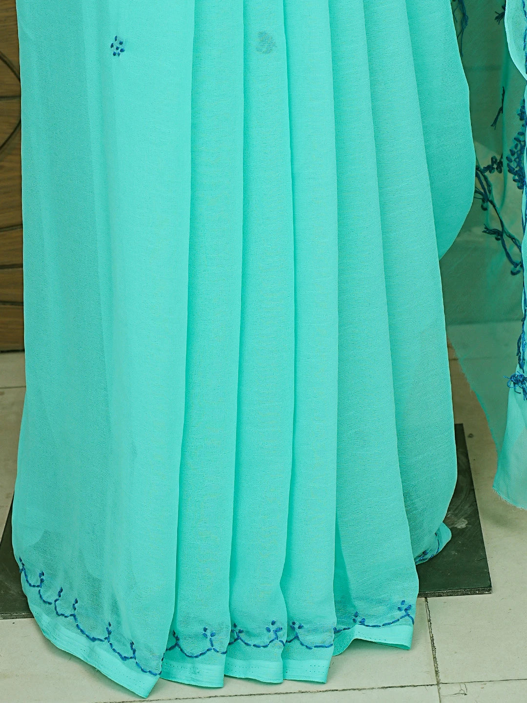 Ada Hand Embroidered Jungle Green Georgette Lucknowi Chikankari Saree With Blouse 01A853753