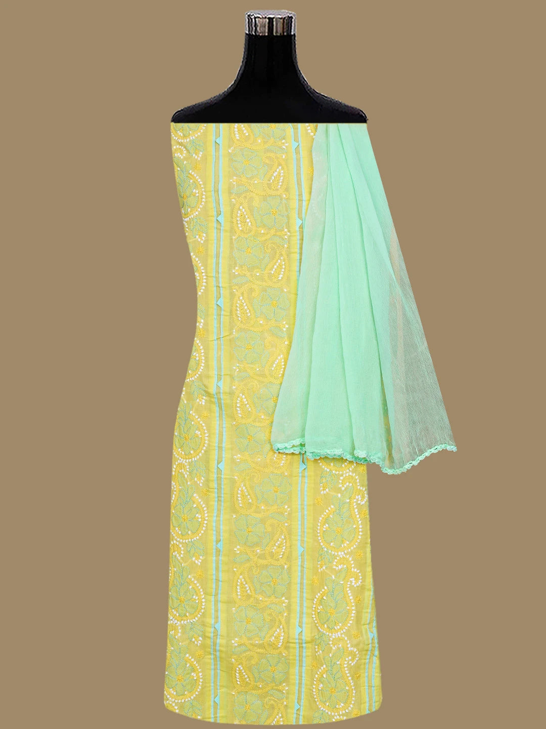 Ada Hand Embroidered Yellow Cotton Lucknowi Chikankari Unstitched Suit Set 01A821872