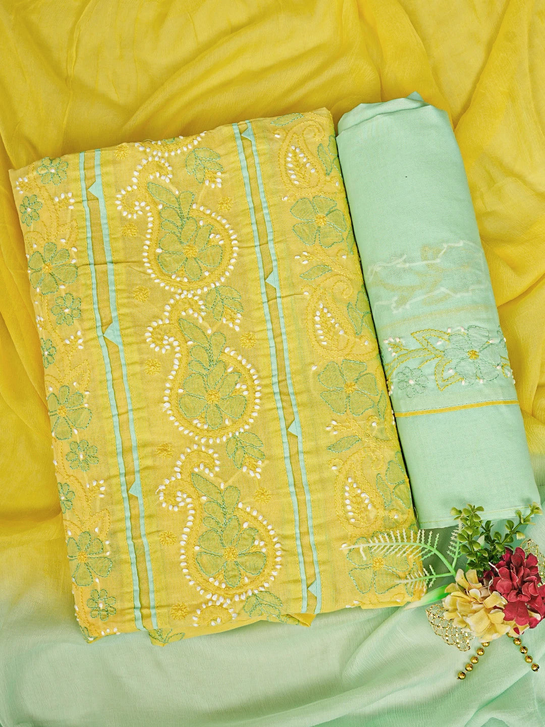 Ada Hand Embroidered Yellow Cotton Lucknowi Chikankari Unstitched Suit Set 01A821872