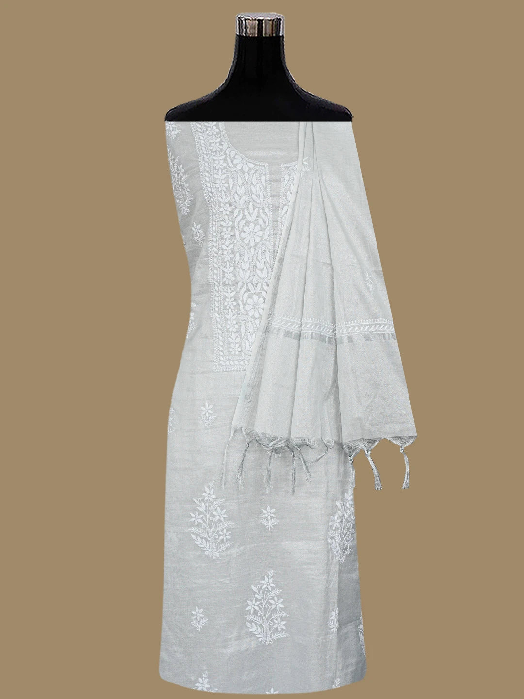 Ada Hand Embroidered Silver Grey Tissue Lucknowi Chikankari Unstitched Kurta Dupatta Set 01A810670