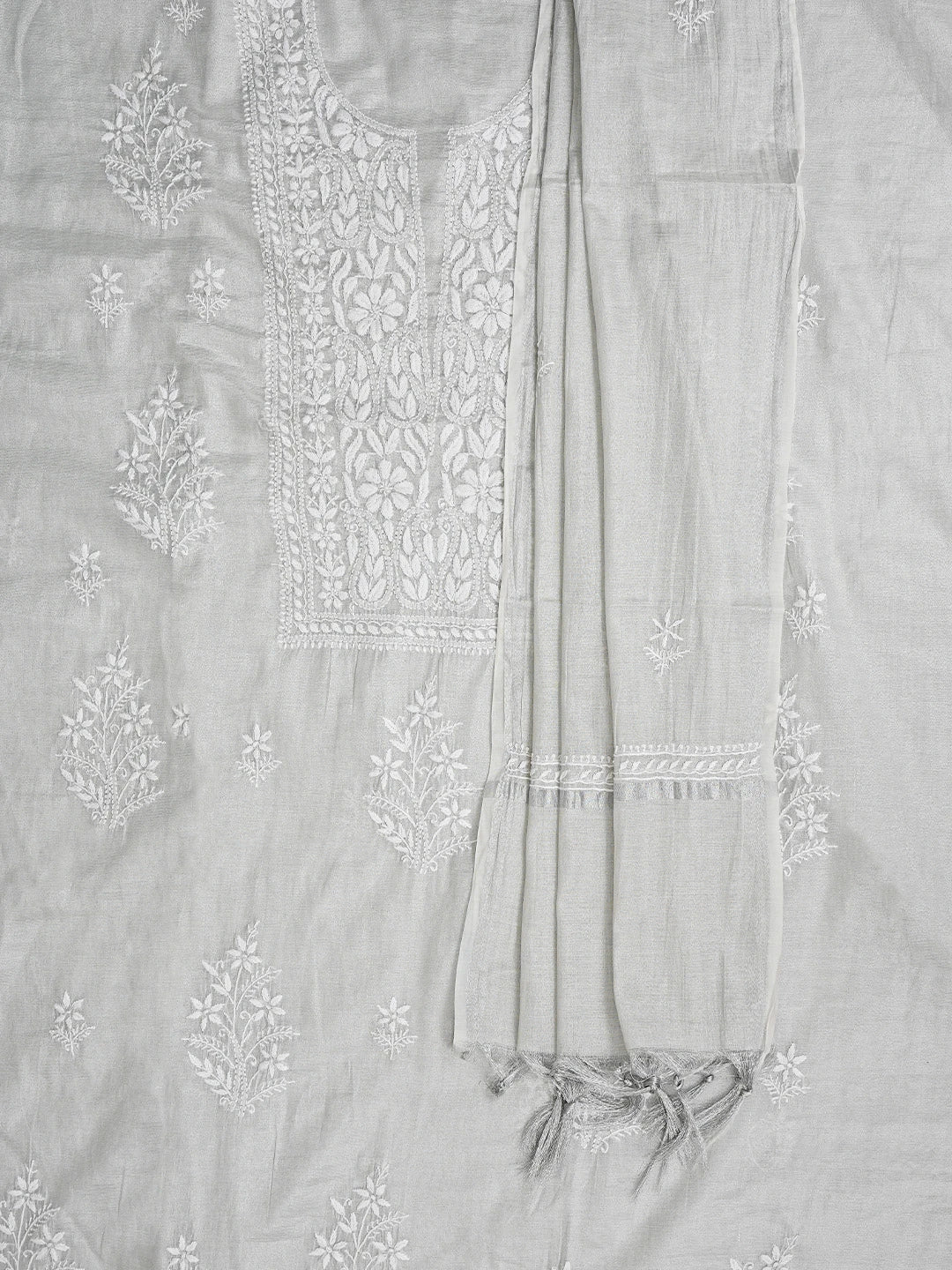Ada Hand Embroidered Silver Grey Tissue Lucknowi Chikankari Unstitched Kurta Dupatta Set 01A810670