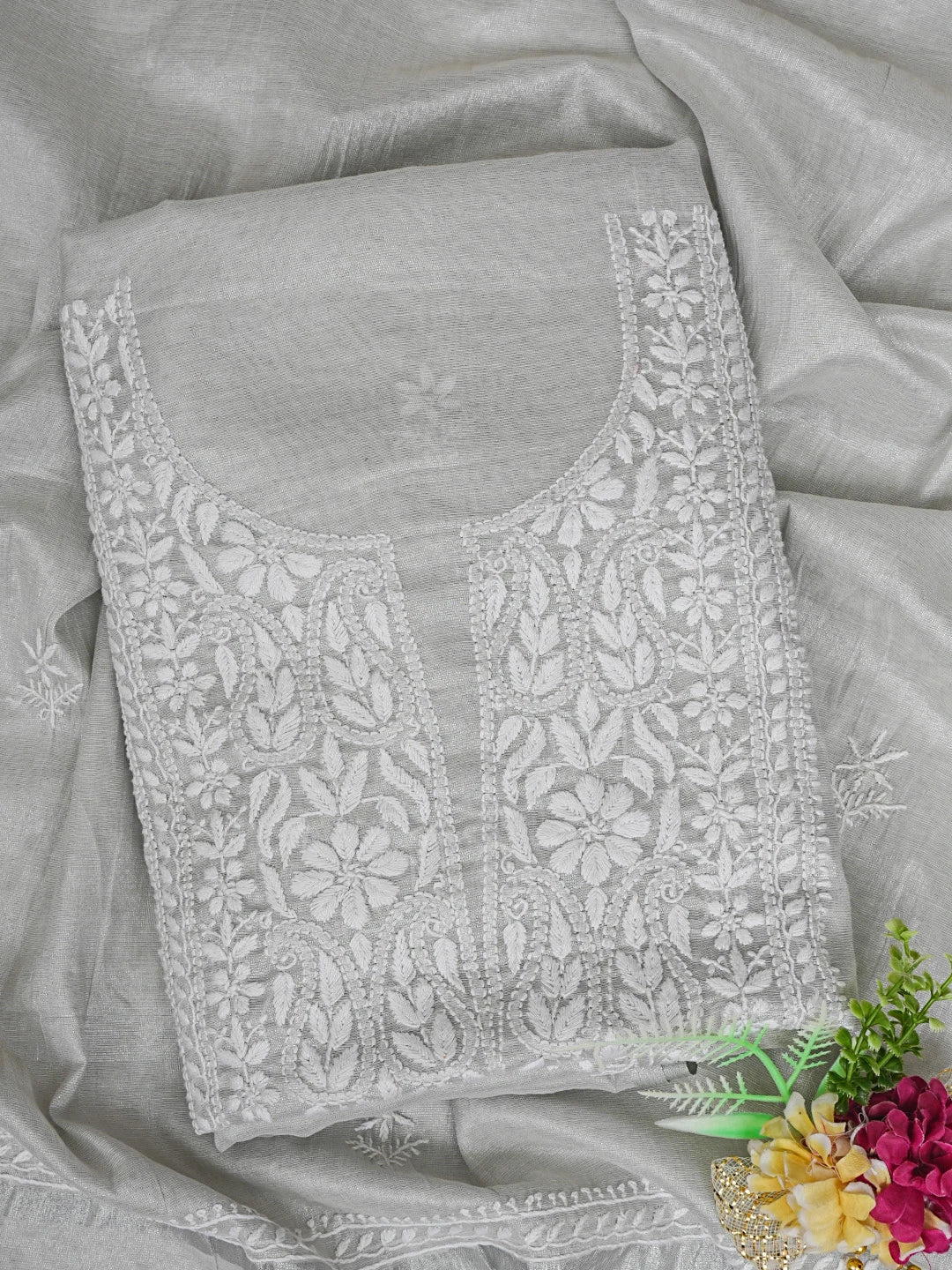 Ada Hand Embroidered Silver Grey Tissue Lucknowi Chikankari Unstitched Kurta Dupatta Set 01A810670