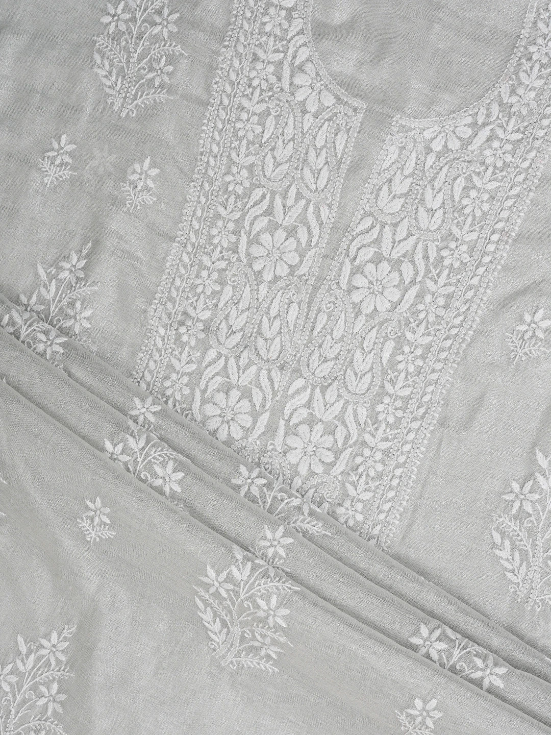 Ada Hand Embroidered Silver Grey Tissue Lucknowi Chikankari Unstitched Kurta Dupatta Set 01A810670