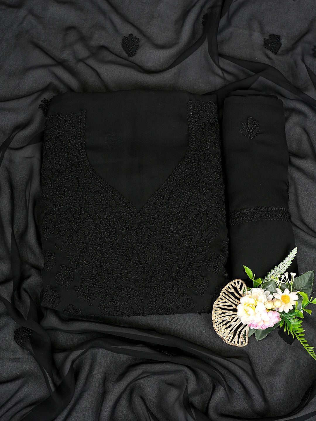 Ada Hand Embroidered Black Georgette Lucknowi Chikankari Unstitched Suit Piece 01A823782