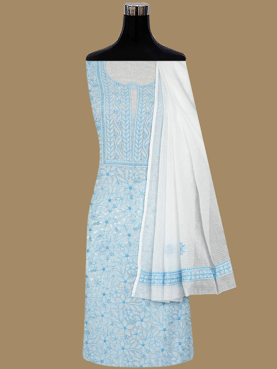 Ada Hand Embroidered White Kota Lucknowi Chikankari Unstitched Kurta Dupatta Set 01A558188