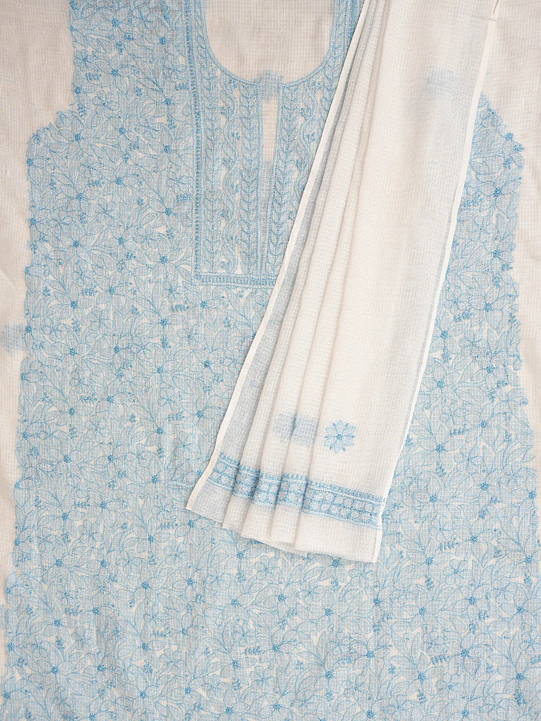 Ada Hand Embroidered White Kota Lucknowi Chikankari Unstitched Kurta Dupatta Set 01A558188