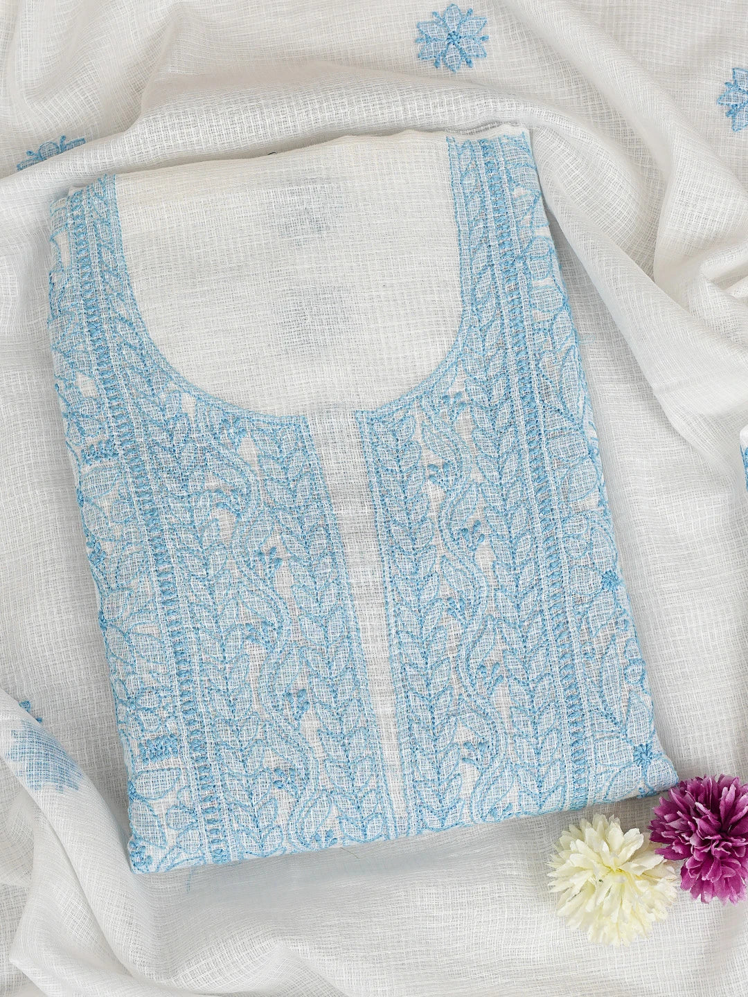 Ada Hand Embroidered White Kota Lucknowi Chikankari Unstitched Kurta Dupatta Set 01A558188