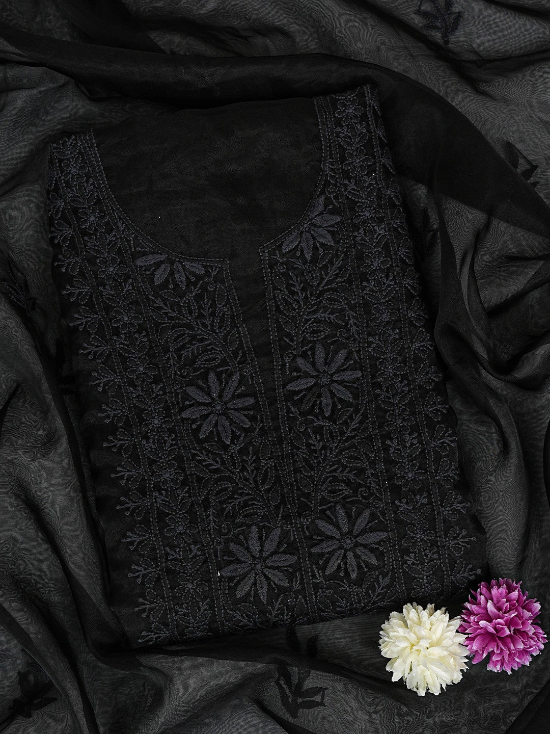 Ada Hand Embroidered Black Organza Lucknowi Chikankari Unstitched Kurta Dupatta Set 01A121874