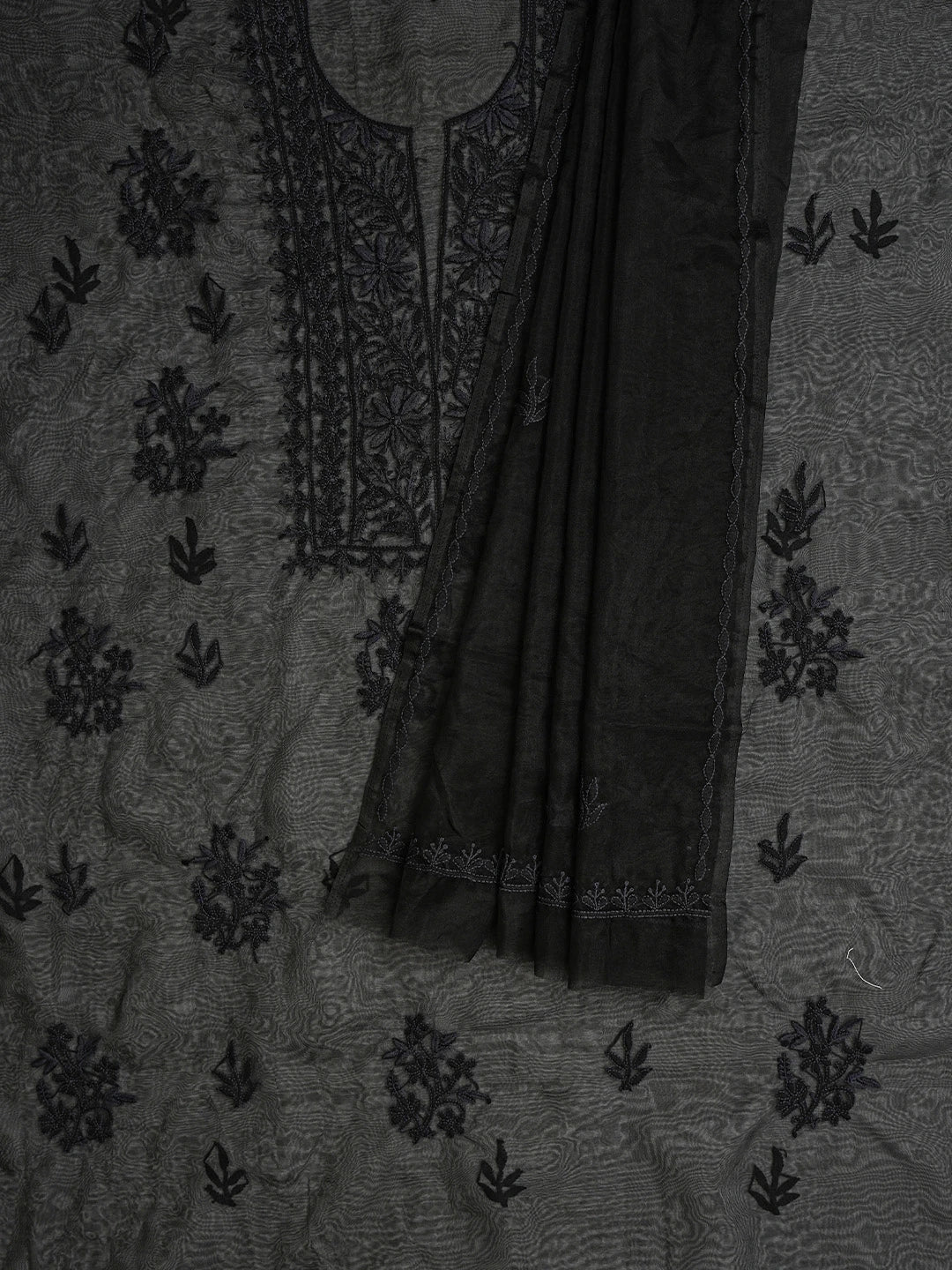Ada Hand Embroidered Black Organza Lucknowi Chikankari Unstitched Kurta Dupatta Set 01A121874