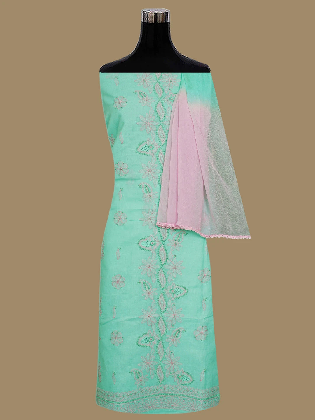 Ada Hand Embroidered Sea Green Cotton Lucknowi Chikankari Unstitched Suit Set 01A821837