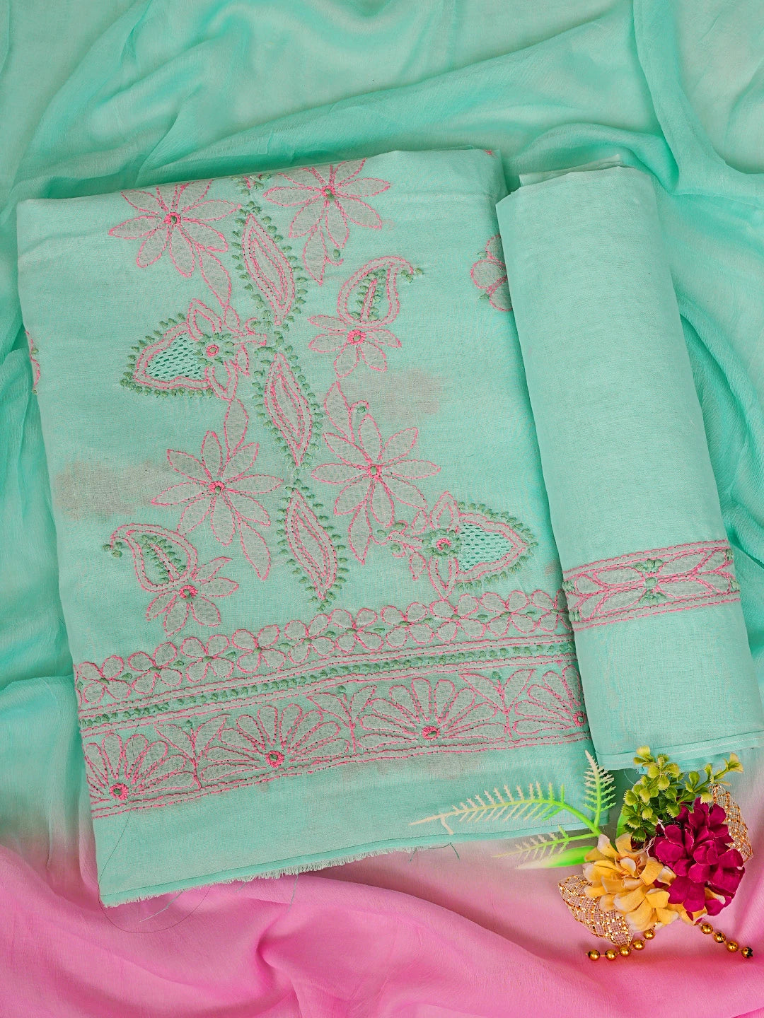 Ada Hand Embroidered Sea Green Cotton Lucknowi Chikankari Unstitched Suit Set 01A821837