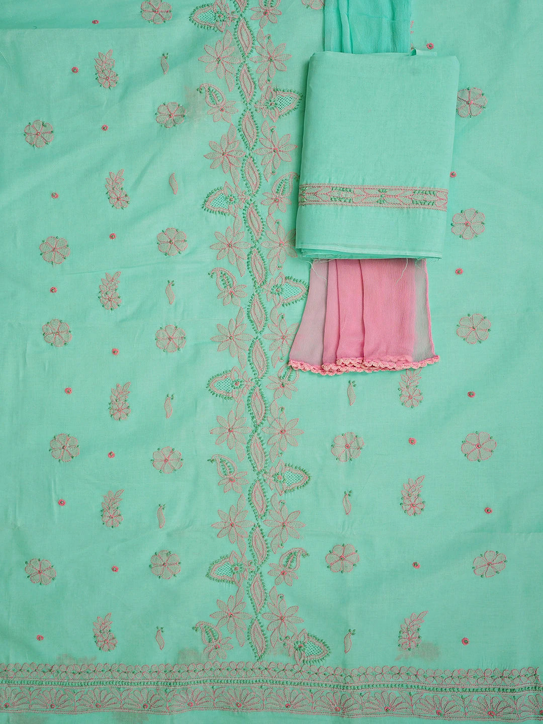 Ada Hand Embroidered Sea Green Cotton Lucknowi Chikankari Unstitched Suit Set 01A821837