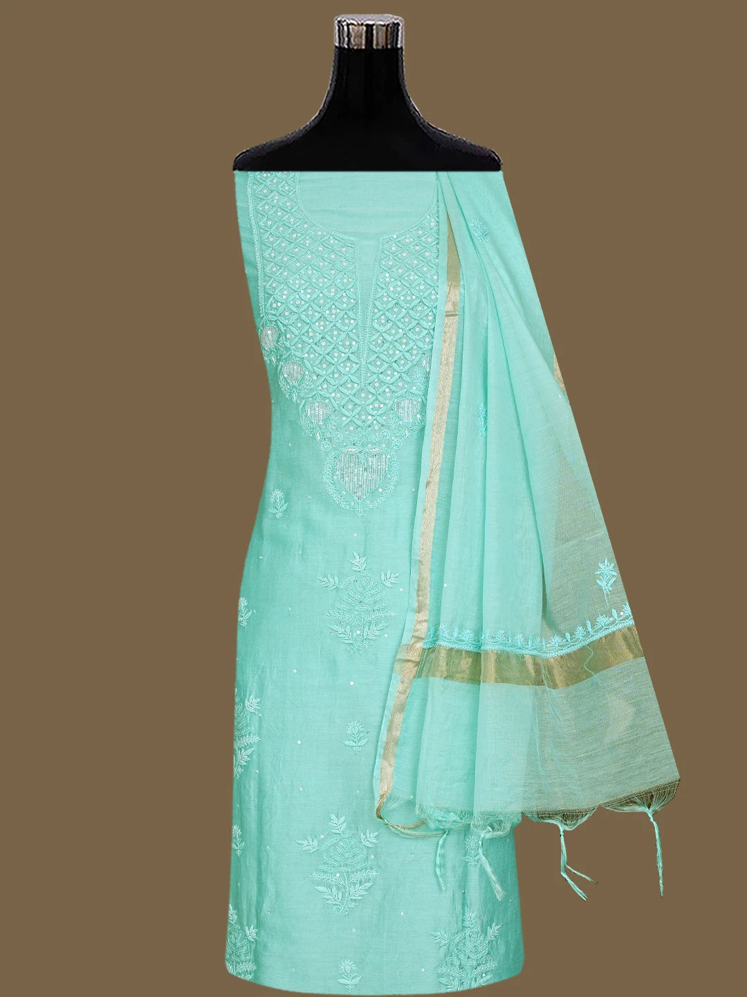 Ada Hand Embroidered Sea Green Chanderi Lucknowi Chikankari Unstitched Kurta Dupatta Set With Cutdana Work 01A778620
