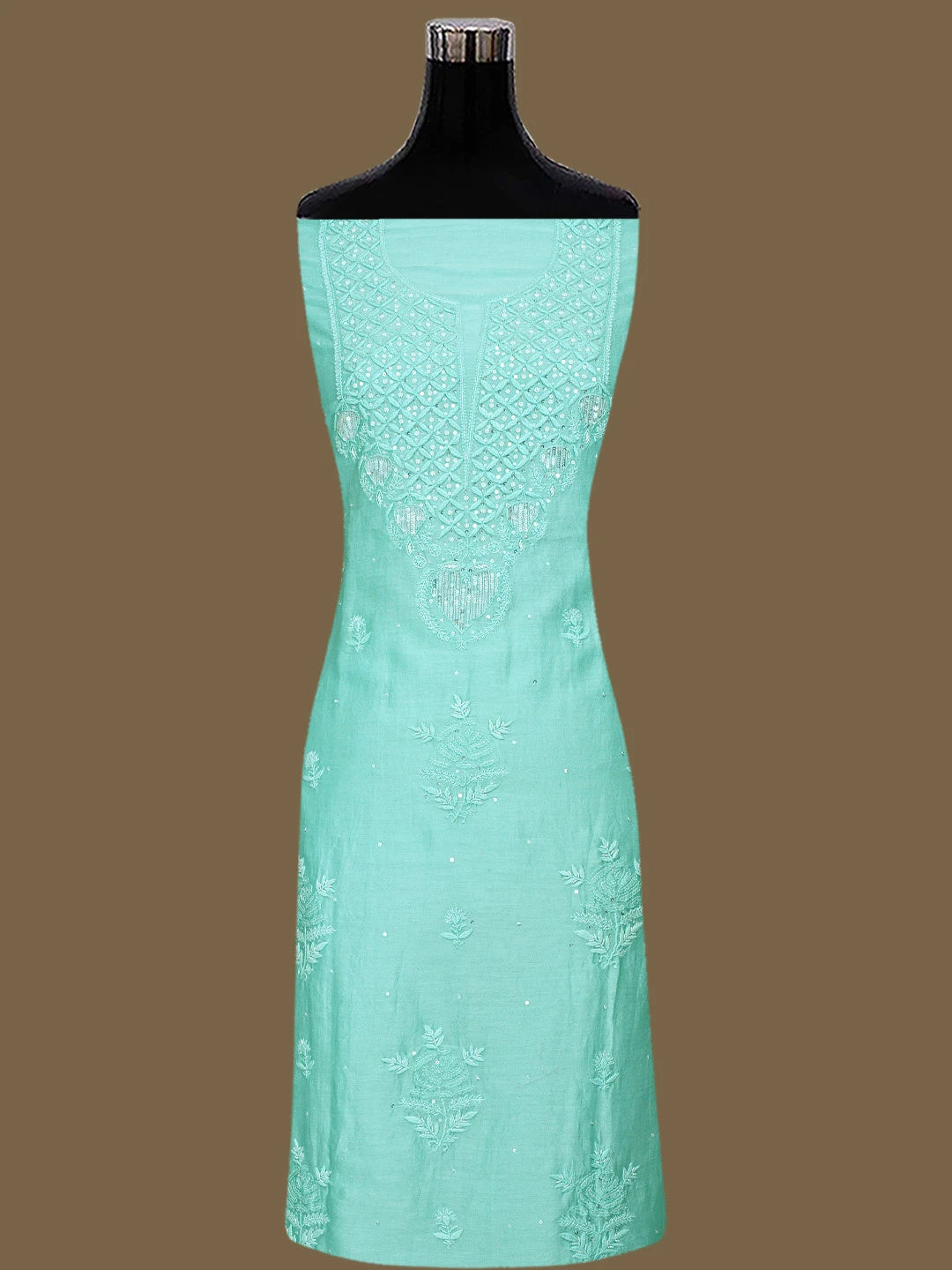 Ada Hand Embroidered Sea Green Chanderi Lucknowi Chikankari Unstitched Kurta Dupatta Set With Cutdana Work 01A778620
