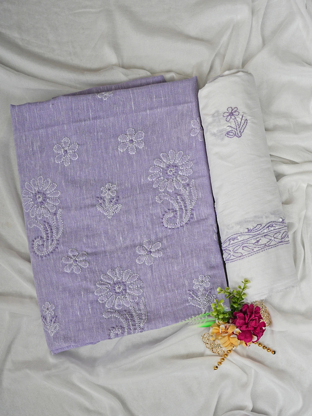Ada Hand Embroidered Mauve Linen Lucknowi Chikankari Unstitched Suit Set 01A836605