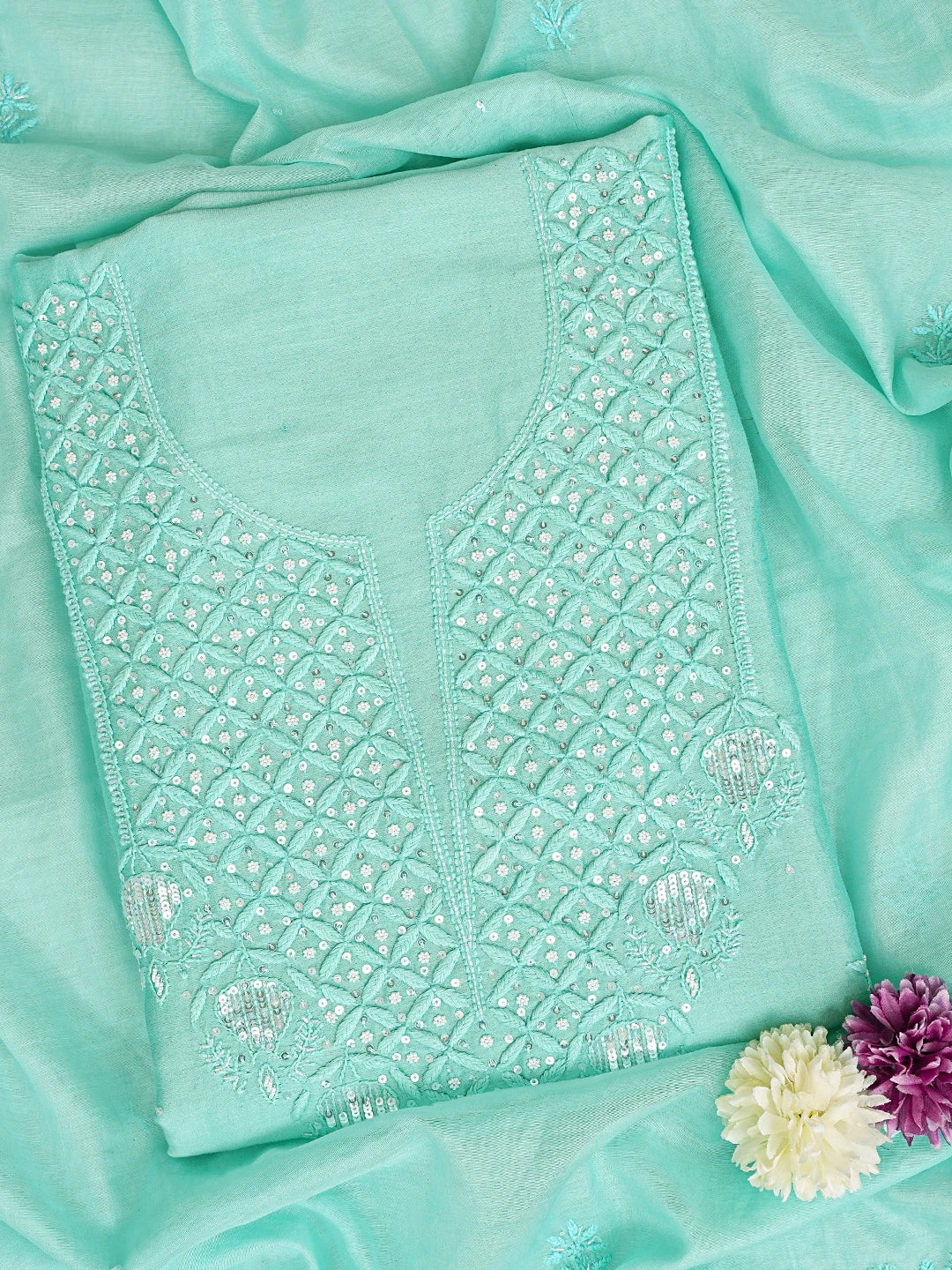 Ada Hand Embroidered Sea Green Chanderi Lucknowi Chikankari Unstitched Kurta Dupatta Set With Cutdana Work 01A778620