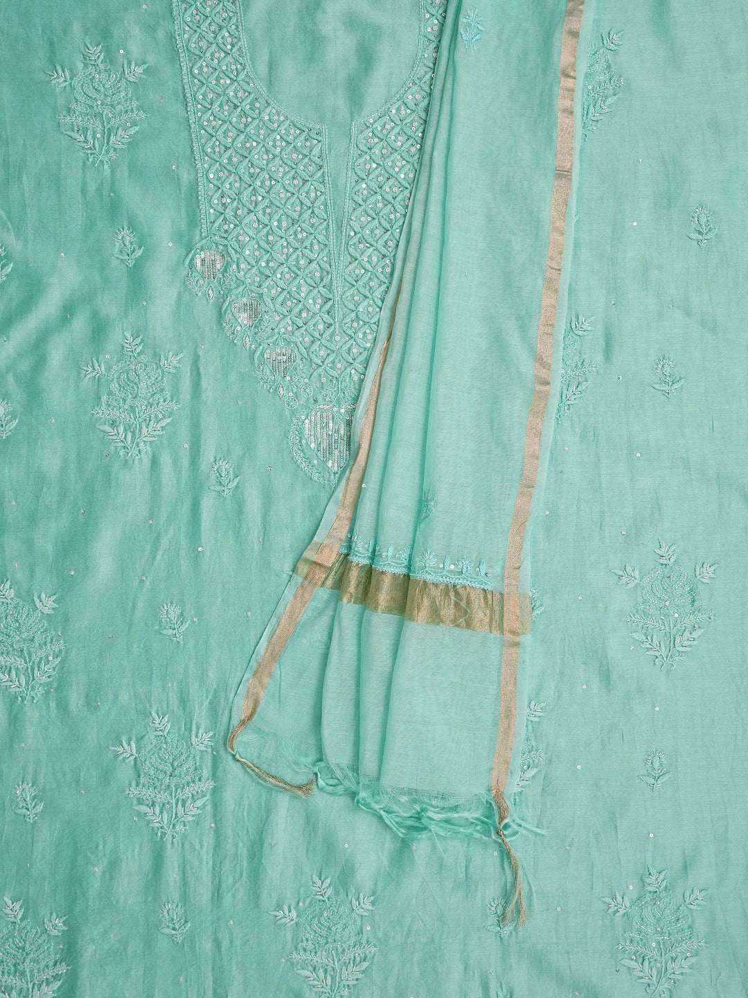 Ada Hand Embroidered Sea Green Chanderi Lucknowi Chikankari Unstitched Kurta Dupatta Set With Cutdana Work 01A778620