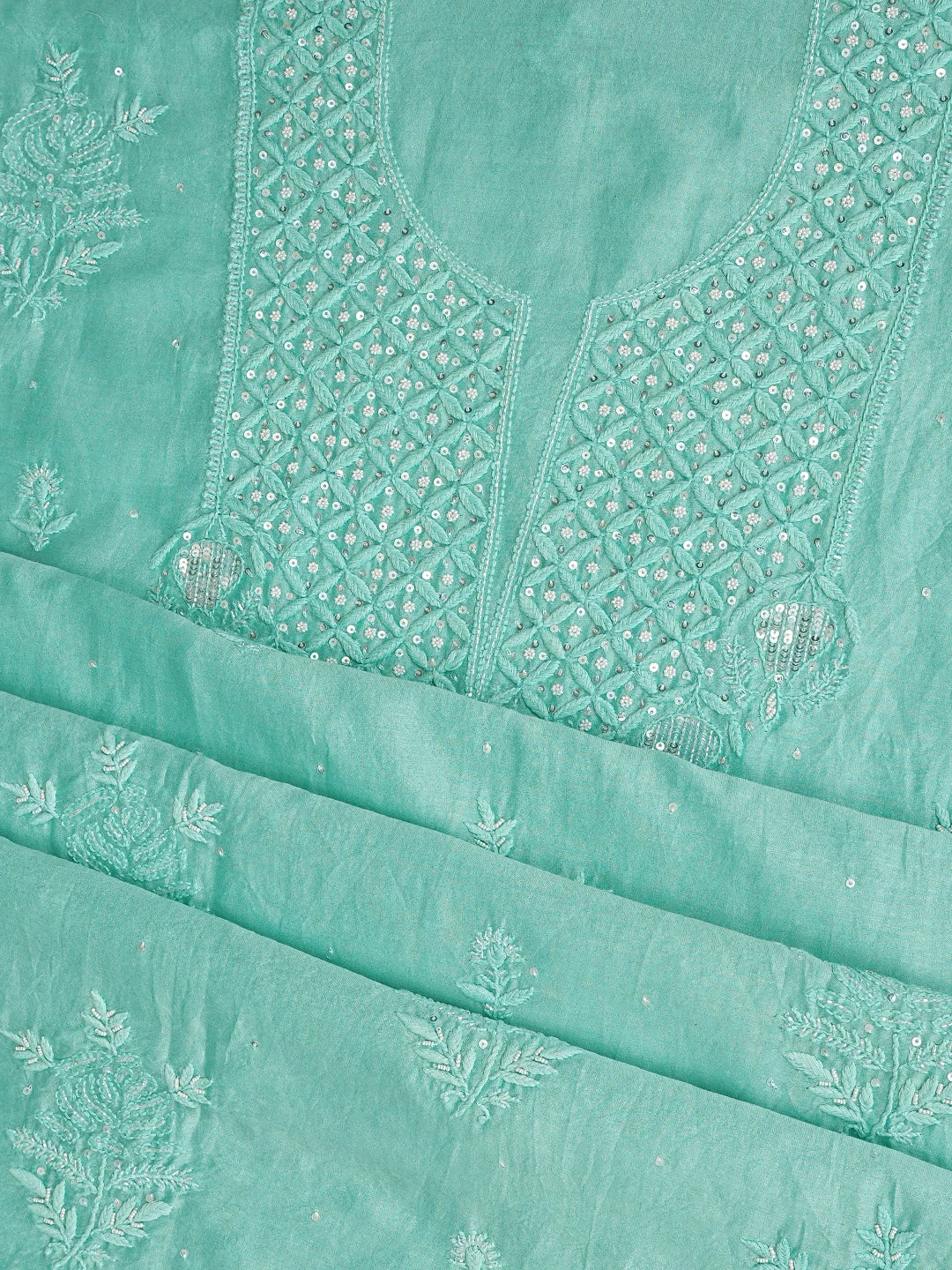 Ada Hand Embroidered Sea Green Chanderi Lucknowi Chikankari Unstitched Kurta Dupatta Set With Cutdana Work 01A778620